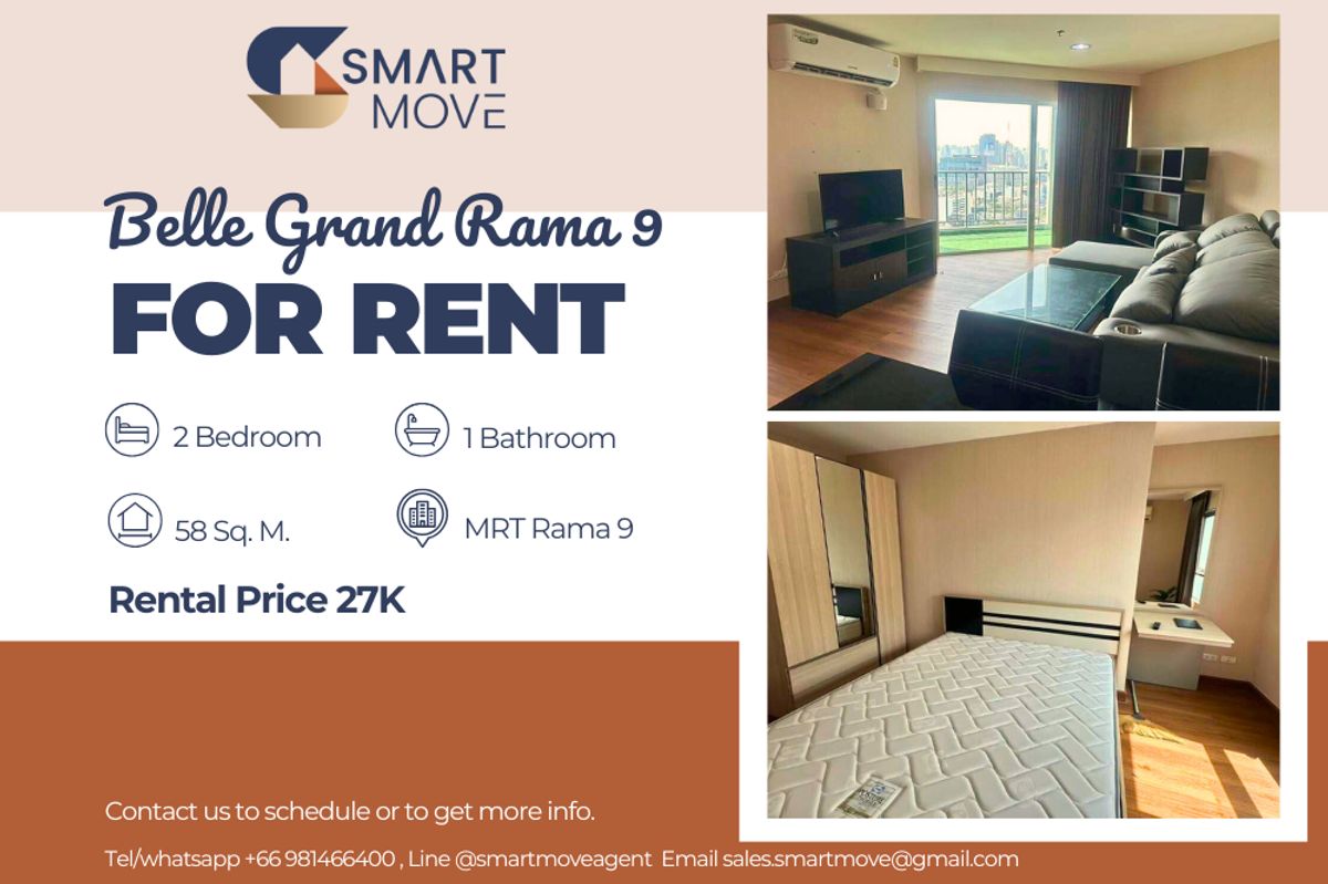 For RentCondoSukhumvit, Asoke, Thonglor : 🔥 For Rent !! 🔥 Code C20230800494..........Belle Grand Rama 9, 2 bedroom, 1 bathroom, South Facing, high floor 28++, furnished, ready to move in 📣📣