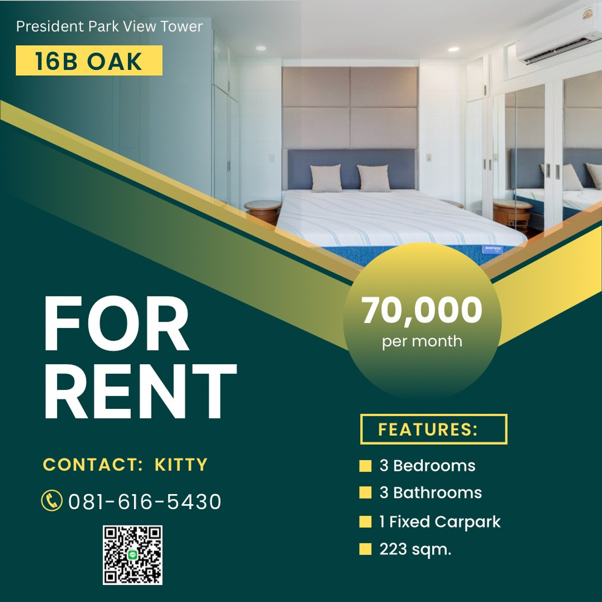 For RentCondoSukhumvit, Asoke, Thonglor : * For Rent* Pet Friendly @ President Park Sukumvit 24 3 Bed/3Bath Ready to Move in