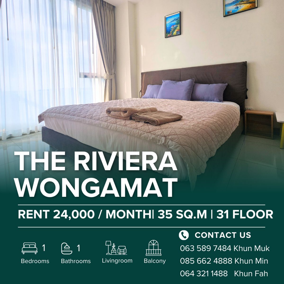 ให้เช่าคอนโดพัทยา บางแสน ชลบุรี สัตหีบ : 🌊 The Riviera Wongamat – 24,000 THB/Month | 1BR | 35 sq.m. | 31 th Floor 🔥