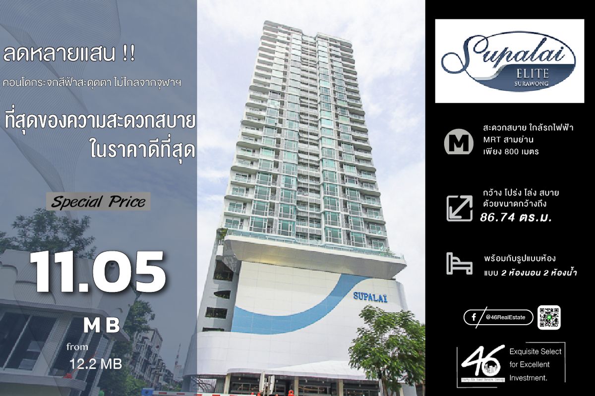 ขายคอนโดสีลม ศาลาแดง บางรัก : ขายคอนโด Supalai Elite Surawong  2 ห้องนอน 86.74 ตร.ม. คอนโดใกล้ MRT สามย่าน ห้องใหม่จากโครงการ ชั้นสูง วิวไม่บล็อค มีที่จอดรถส่วนตัว สนใจนัดชมห้องได้เลยครับ