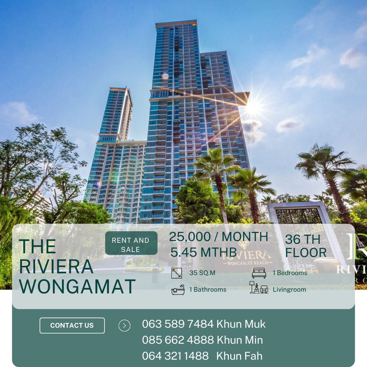 คอนโดพัทยา บางแสน ชลบุรี สัตหีบ : 🌊 The Riviera Wongamat For Rent and Sale –  25,000 THB/Month| 5.49 MTHB | 1BR | 35 sq.m. | 36 th Floor 🔥