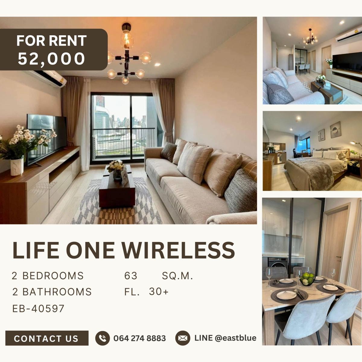 ให้เช่าคอนโด : Life One Wireless, 2 bed, 52000 per month