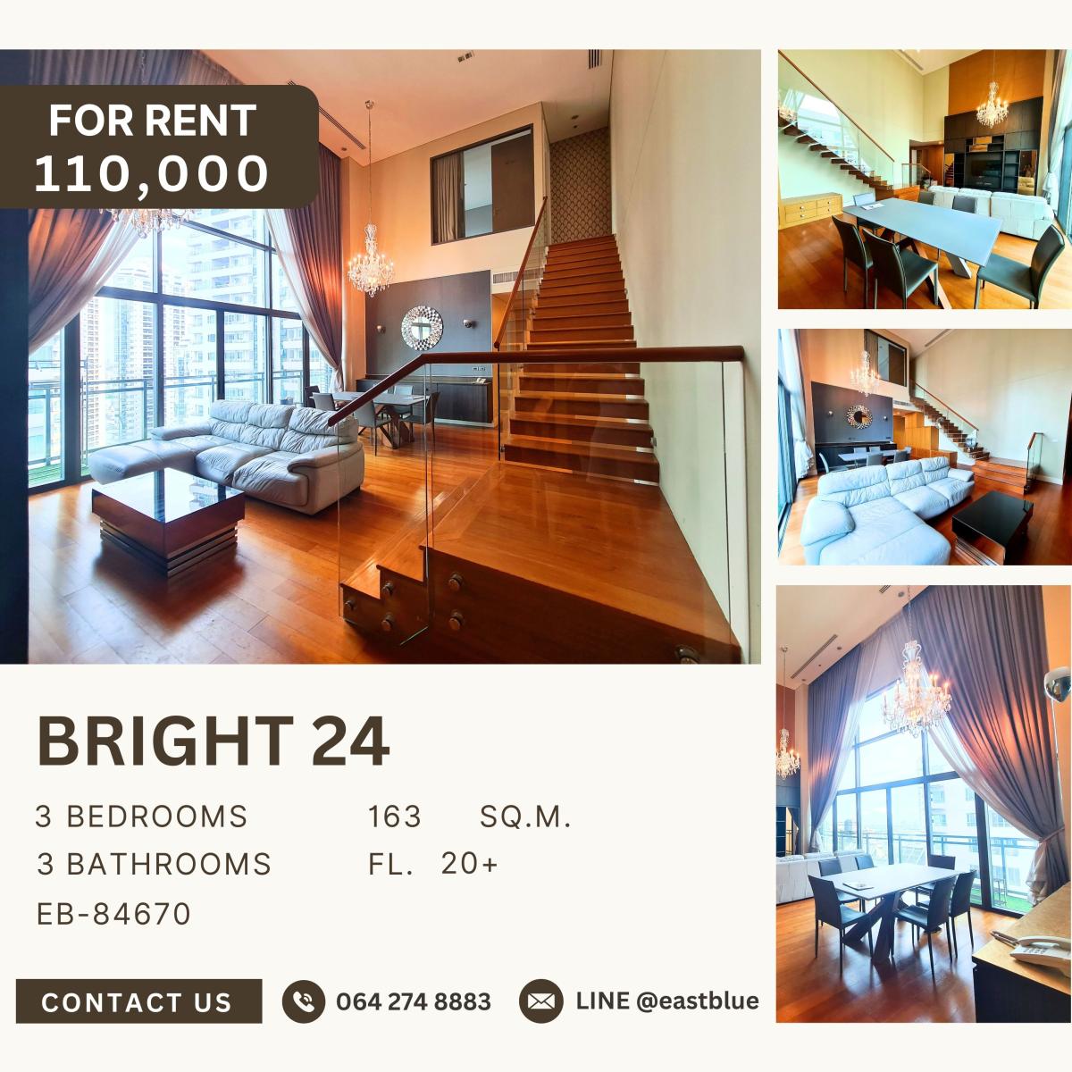 For RentCondoSukhumvit, Asoke, Thonglor : Bright 24, 3 bed, 110000 per month