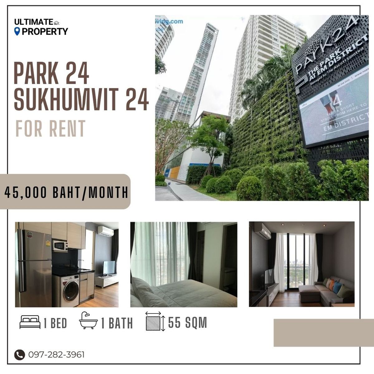 For RentCondoSukhumvit, Asoke, Thonglor : Beautiful room, Park 24 (Park Origin Prom Phong), 55 sqm. Good view.