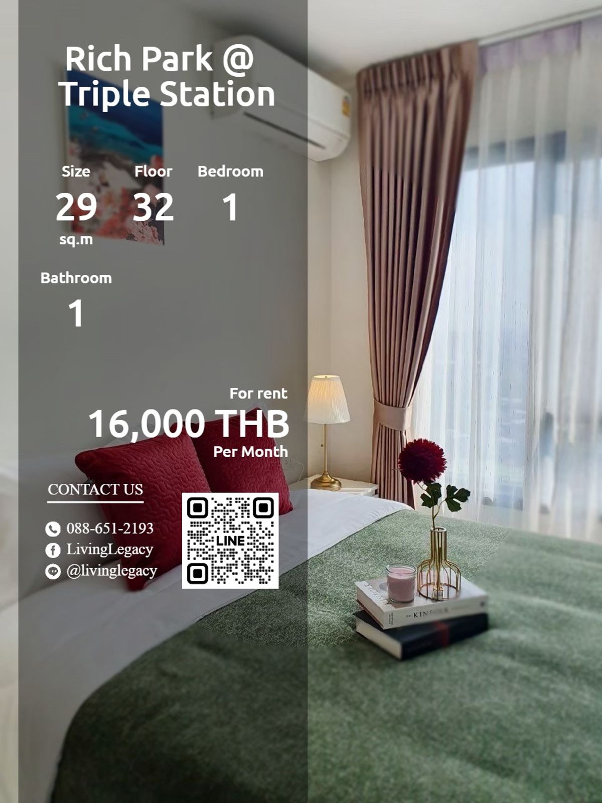 For RentCondoPattanakan, Srinakarin : LW92eyED Condo Rich Park @ Triple Station 29 sq.m. Floor 32 Line ID: @livingLegacy