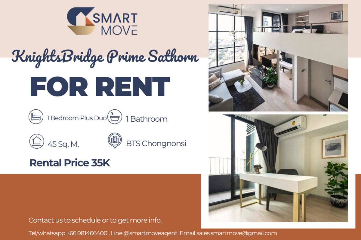 For RentCondoSathorn, Narathiwat : 🔥 For Rent !! Rare Item !! 🔥 Code C20231100676.........KnightsBridge Prime Sathorn, 1 bedroom Plus Duo, 1 bathroom, high floor 29++, furnished, Special Deal!!📣📣