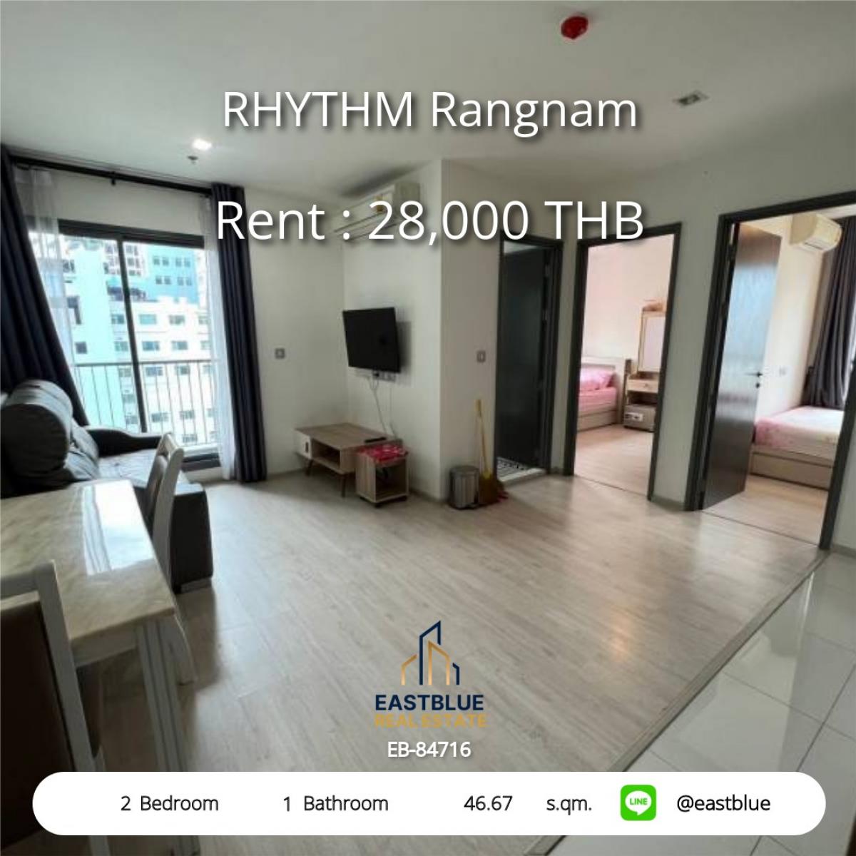 ให้เช่าคอนโดราชเทวี พญาไท : 28/02/2026, เช่าคอนโด RHYTHM Rangnam 2 ห้องนอน ใกล้ BTS อนุสาวรีย์ชัย เพียง 28,000 บาท/เดือน!