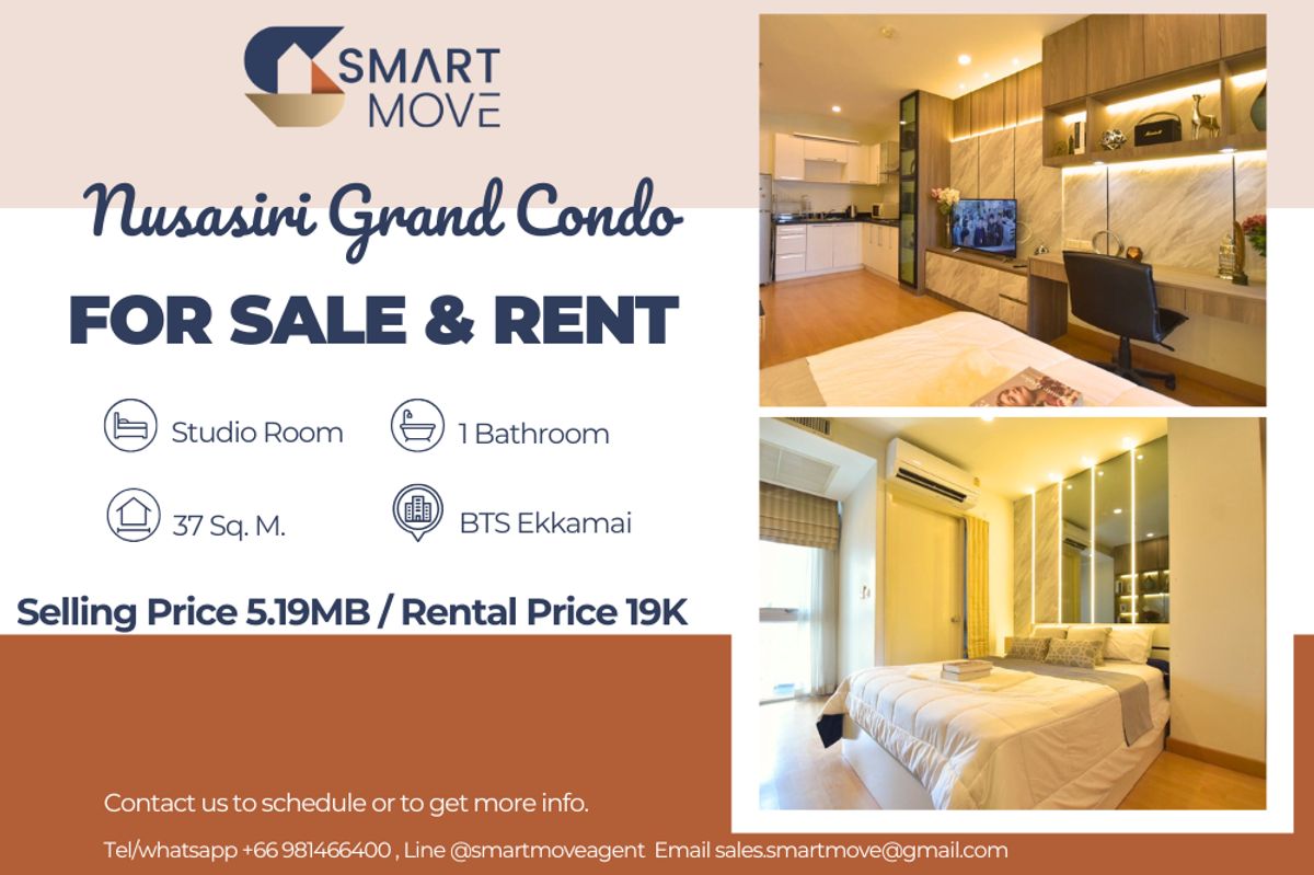 คอนโดสุขุมวิท อโศก ทองหล่อ : 🔥 สำหรับขาย - เช่า !!🔥 Code C20231100679..........Nusasiri Grand Condo, ห้องสตูดิโอ, 1 ห้องน้ำ, แต่งครบ, พร้อมเข้าอยู่, ราคาพิเศษ!!📣📣
