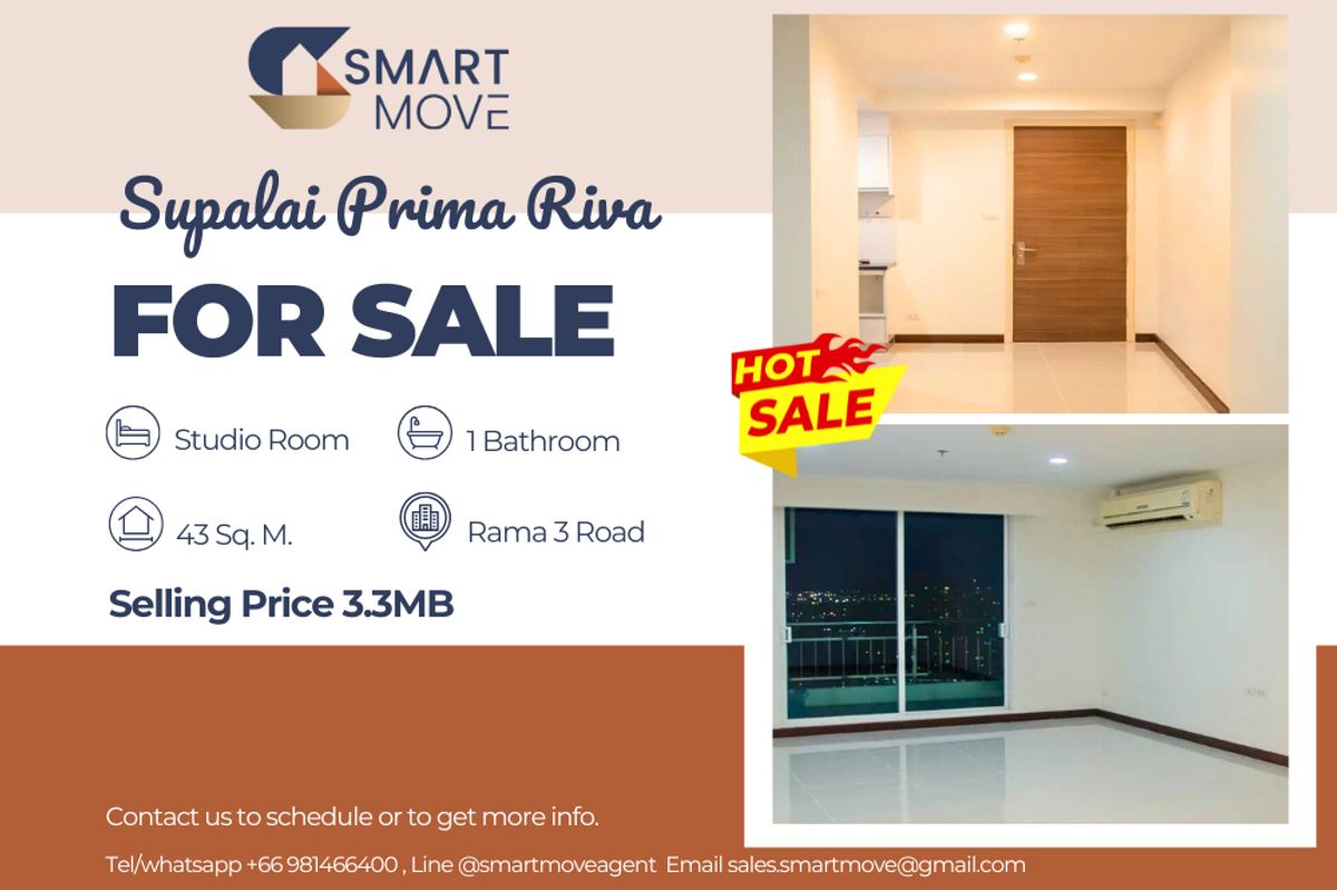 ขายคอนโดพระราม 3 สาธุประดิษฐ์ : 🔥 สำหรับขาย !!🔥 Code C20230800331..........Supalai Prima Riva, ห้องสตูดิโอ, 1 ห้องน้ำ, ชั้นสูง 25++, ห้องอยู่ทิศใต้, ตกแต่งบางส่วน, ราคาพิเศษ!!📣📣