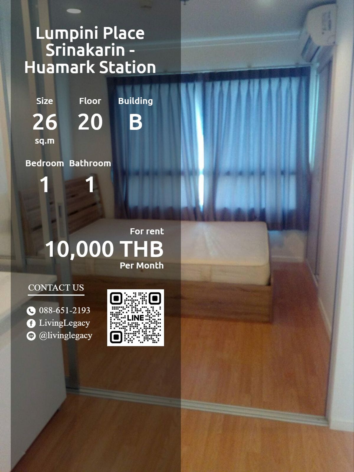 ให้เช่าคอนโดพัฒนาการ ศรีนครินทร์ : SKZGFY ให้เช่าคอนโด Lumpini Place Srinakarin - Huamark Station 26 ตร.ม. ชั้น 20 ตึก B line id : @livinglegacy