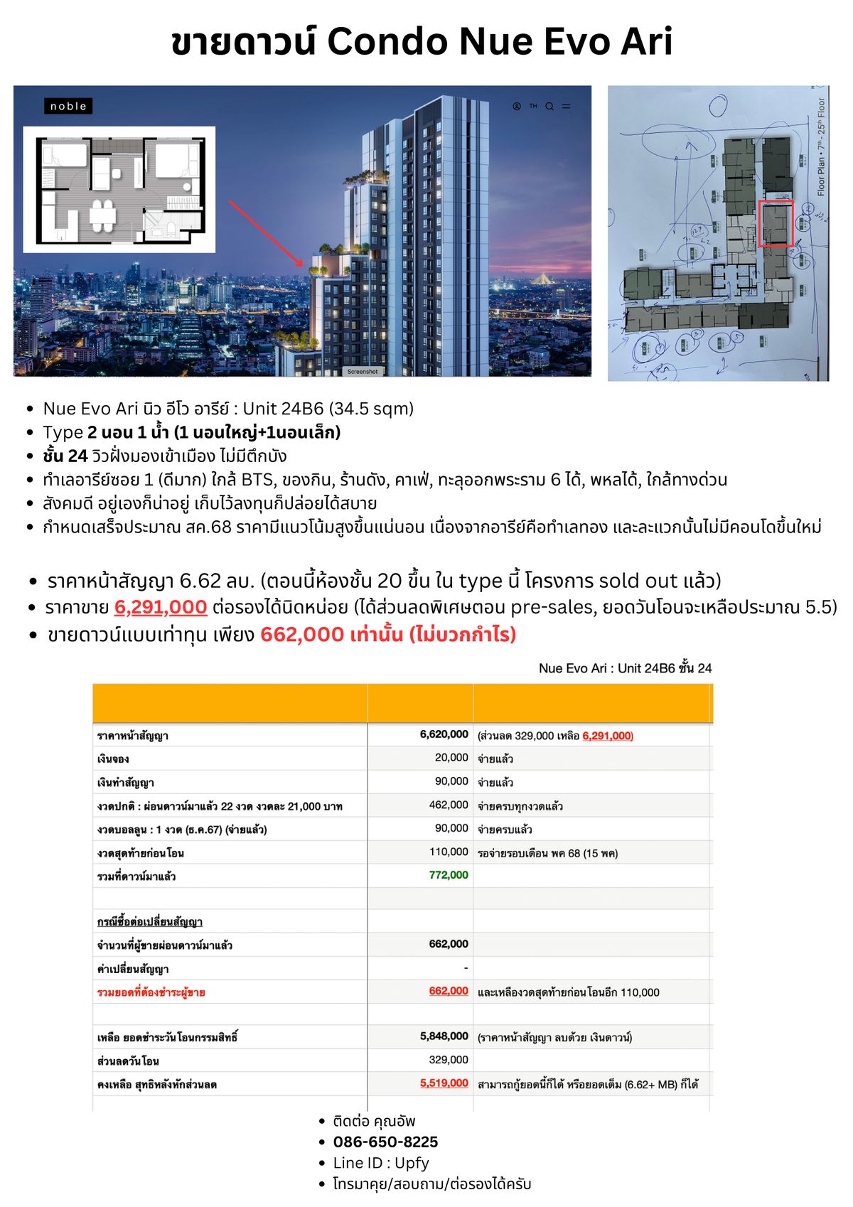 ขายดาวน์คอนโดอารีย์ อนุสาวรีย์ : [ขายเท่าทุนไม่บวก] : Nue Evo Ari (2 นอน 1 น้ำ ชั้น 24 ขนาด 35 ตร.ม.