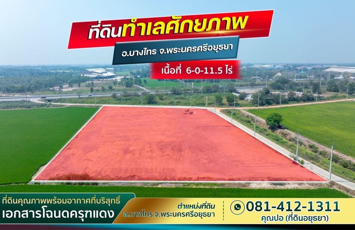 ขายที่ดินอยุธยา : ขายที่ดินทำเลทอง ตำบลช่างเหล็ก อำเภอบางไทร  จ.พระนครศรีอยุธยา  13190