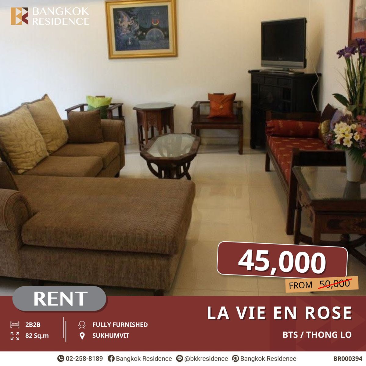 For RentCondoSukhumvit, Asoke, Thonglor : Spacious Unit, Great Value! La Vie En Rose, 2 Bedrooms Near BTS Thong Lo