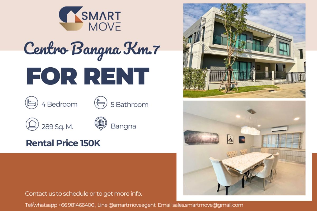 ให้เช่าบ้านบางนา แบริ่ง ลาซาล : 🔥 สำหรับเช่า บ้านเดี่ยว !!🔥 Code C20250500011..........Centro Bangna Km.7, 4 ห้องนอน, 5 ห้องน้ำ, 1-2 ชั้น, ทำเลทอง, แต่งครบ, พร้อมเข้าอยู่ 📣📣