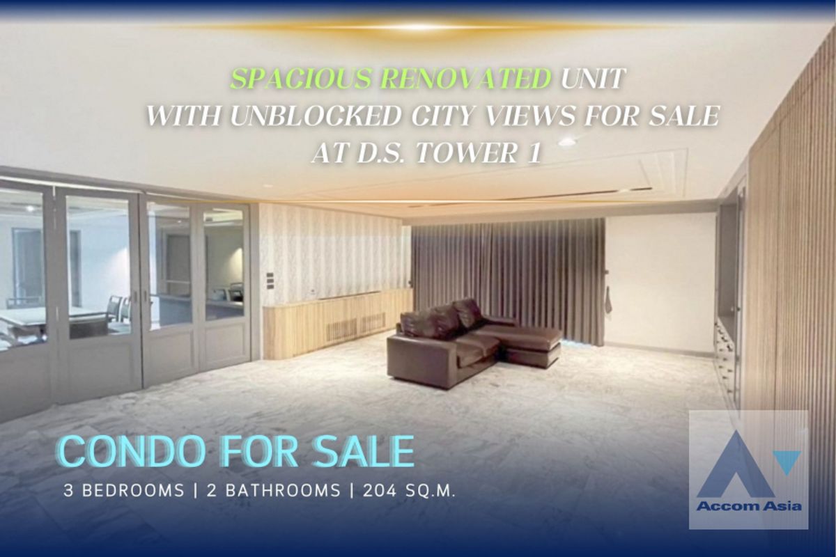 ขายคอนโดสุขุมวิท อโศก ทองหล่อ : 🔼AccomA🔽 Fully Furnished Spacious Renovated Unit with Unblocked City Views - 3 Beds | 204 SQ.M. at D.S. Tower 1 (1515133)