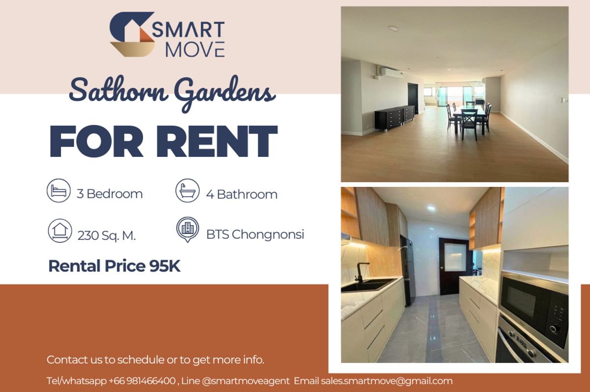 For RentCondoSathorn, Narathiwat : 🔥For Rent !!🔥 Code C20230203671..........Sathorn Gardens, 3 bedroom, 4 bathroom, furnished, high floor 36++, ready to move in 📣📣
