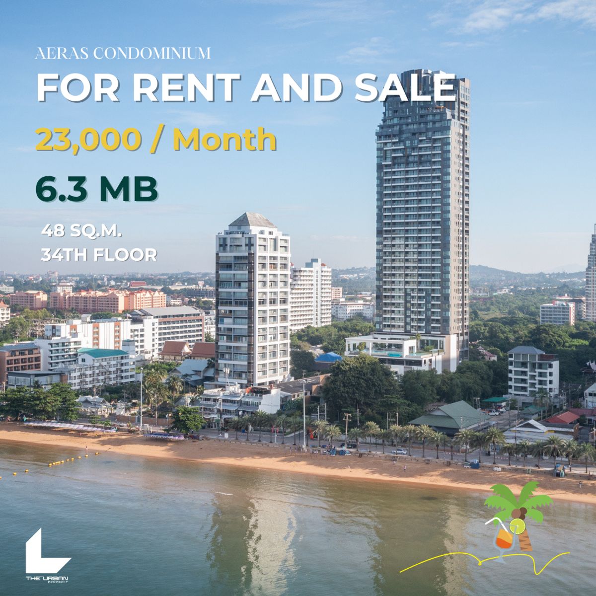 For RentCondoPattaya, Bangsaen, Chonburi : ♨️For RENT & Amp; SALE - AERAS CONDOMINIUM, Jomtien Beach♨️ 📐 48 SQ.M. | 34th Floor | Corner Sea View Unit