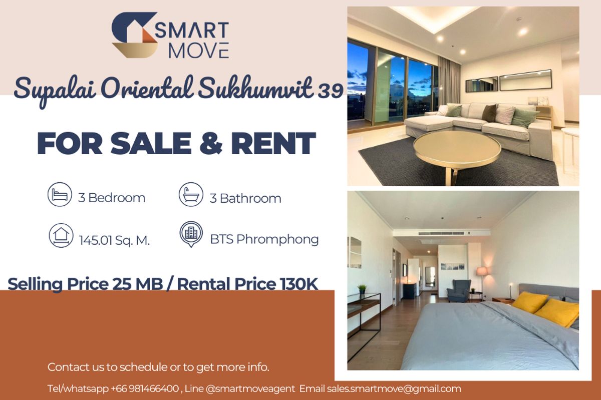 CondoSukhumvit, Asoke, Thonglor : 🔥For Sale - Rent !!🔥 Code C20240800103..........Supalai Oriental Sukhumvit 39, 3 bedroom, 3 bathroom, high floor 27++, furnished, ready to move in, Special Deal!!📣📣