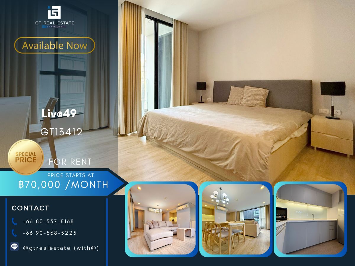 For RentCondoSukhumvit, Asoke, Thonglor : Condo LIV@49 Convenient to travel near BTS Skytrain has a very beautiful shuttle. Complete furniture Ready to stay immediately !! 
 
