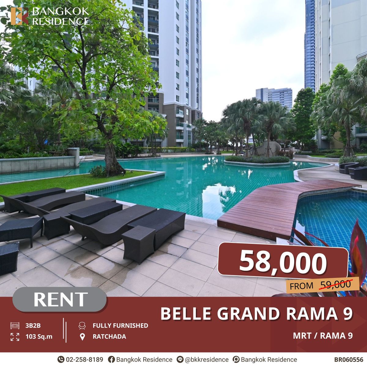 ให้เช่าคอนโดพระราม 9 เพชรบุรีตัดใหม่ RCA : Rare Unit!! 3 ห้องนอน Belle Grand Rama 9 ใกล้ MRT พระราม 9
