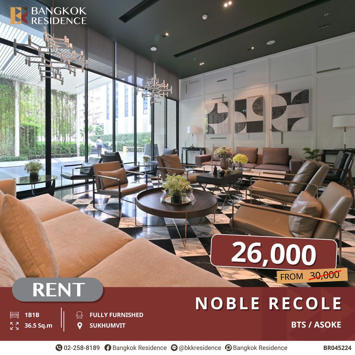 For RentCondoSukhumvit, Asoke, Thonglor : Close to MRT Sukhumvit / BTS Asoke! Noble Recole for Rent - Only 26K