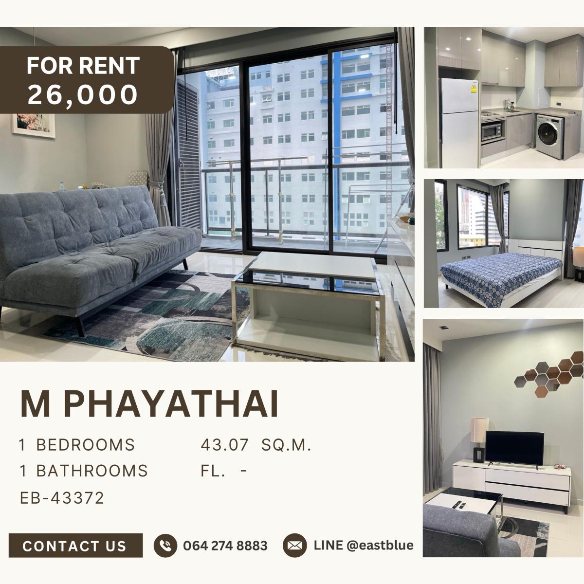 ให้เช่าคอนโดราชเทวี พญาไท : M Phayathai, 1 bed, 26000 per month