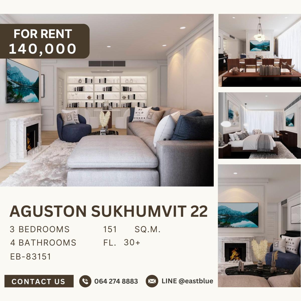 ให้เช่าคอนโดสุขุมวิท อโศก ทองหล่อ : Aguston Sukhumvit 22, 3 bed, 140000 per month