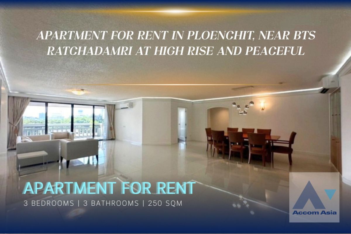 For RentWitthayu, Chidlom, Langsuan, Ploenchit : 🔼 AccomA 🔽 3 Bedrooms Apartment for Rent in Ploenchit, Bangkok near BTS Ratchadamri at High rise and Peaceful