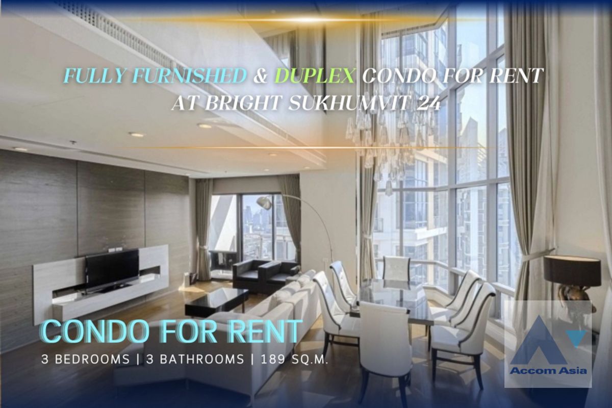 ให้เช่าคอนโดสุขุมวิท อโศก ทองหล่อ : Double High Ceiling, Duplex Condo Elegant 3 bedrooms for rent at Bright Sukhumvit 24 (AA21878)