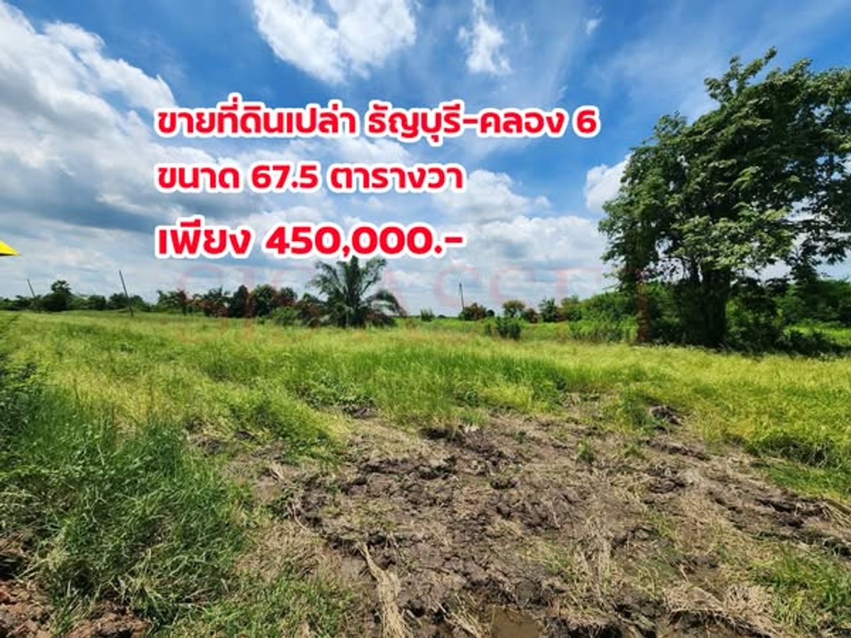 ขายที่ดินปทุมธานี รังสิต ธรรมศาสตร์ : ขายที่ดินแปลงสวย ธัญบุรี-คลอง 6 (ปทุมธานี) เนื้อที่ 67.5 ตารางวา เหมาะทำบ้านพักอาศัย ทำสวน ซื้อเก็บเป็นทรัพย์สิน มีถนนตัดผ่านเดินทางสะดวก