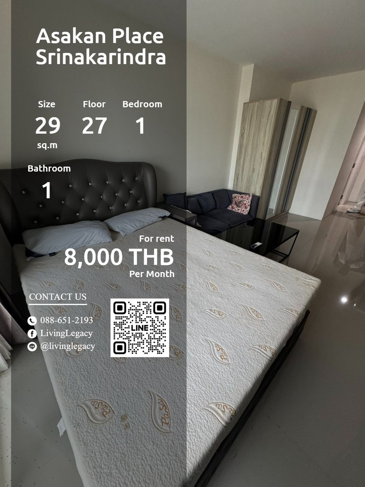 ให้เช่าคอนโดพัฒนาการ ศรีนครินทร์ : SWGU0T ให้เช่าคอนโด Asakan Place Srinakarindra 29 ตร.ม. ชั้น 27 line id : @livinglegacy