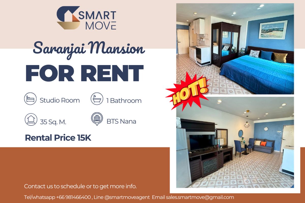 ให้เช่าคอนโดสุขุมวิท อโศก ทองหล่อ : 🔥 สำหรับเช่า !!🔥 Code C20230203586..........Saranjai Mansion, ห้องสตูดิโอ, 1 ห้องน้ำ, ชั้นสูง 13++, ห้องทิศตะวันออก, แต่งครบ, พร้อมเข้าอยู่ 📣📣