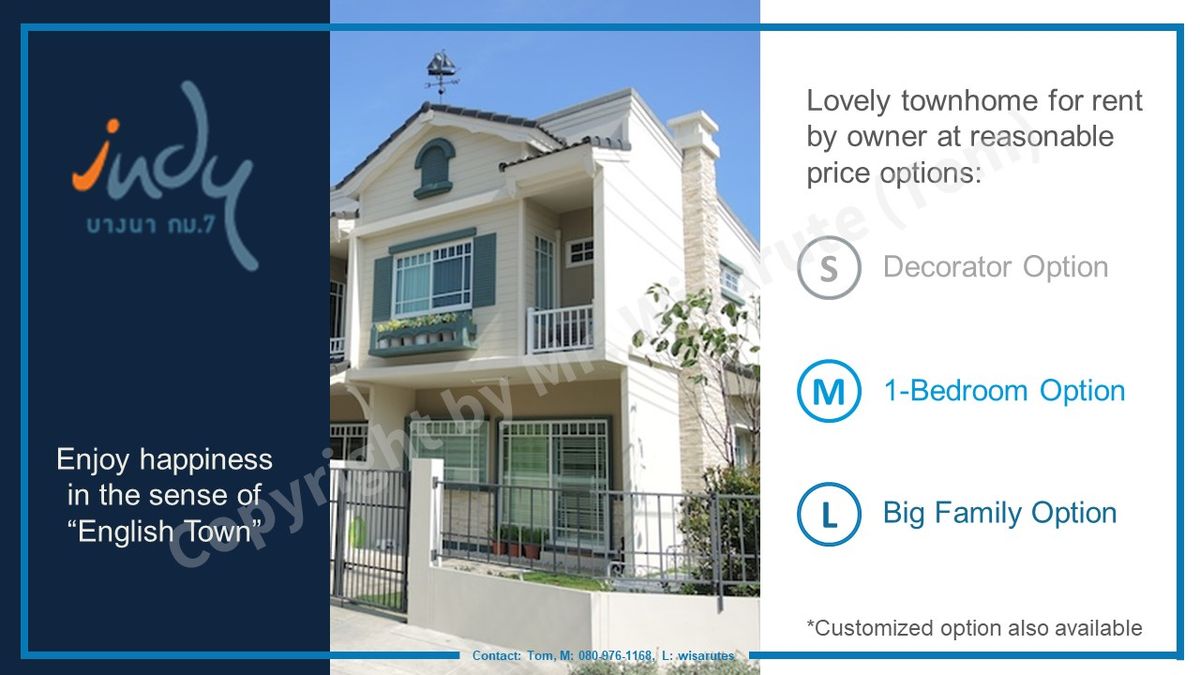 ให้เช่าทาวน์โฮมสมุทรปราการ สำโรง : 78/114 Indy 1 Bangna km.7 for rent by Owner 2 BD 3 BH 89 sqm fully furnished