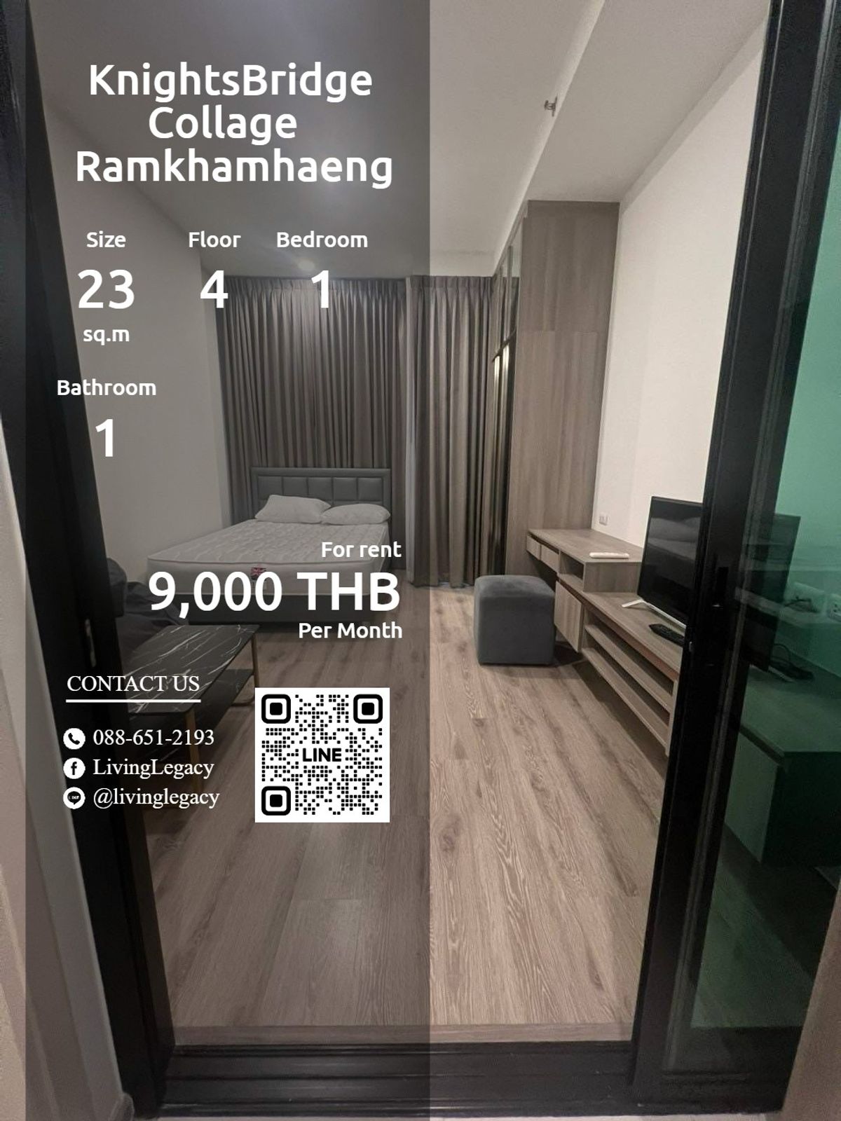For RentCondoRamkhamhaeng, Hua Mak : SGRAPL Condo for Rent Knightsbridge Collage Ramkhamhaeng 23 sq.m., 4th floor, Line ID: @livingLegacy