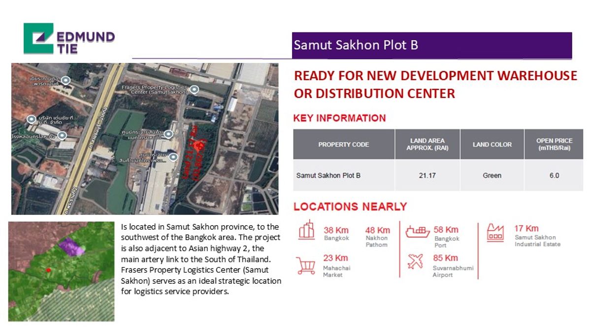 ขายที่ดินมหาชัย สมุทรสาคร : Vacant Land in Samutsakhon, 21.17 Rai, Green Color, READY FOR NEW DEVELOPMENT WAREHOUSE OR DISTRIBUTION CENTER