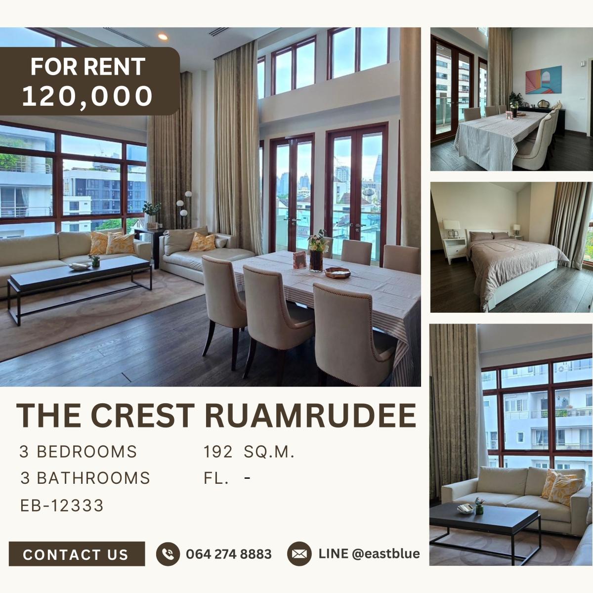 ให้เช่าคอนโดวิทยุ ชิดลม หลังสวน : The Crest Ruamrudee condominium, 3 bed, 120000 per month