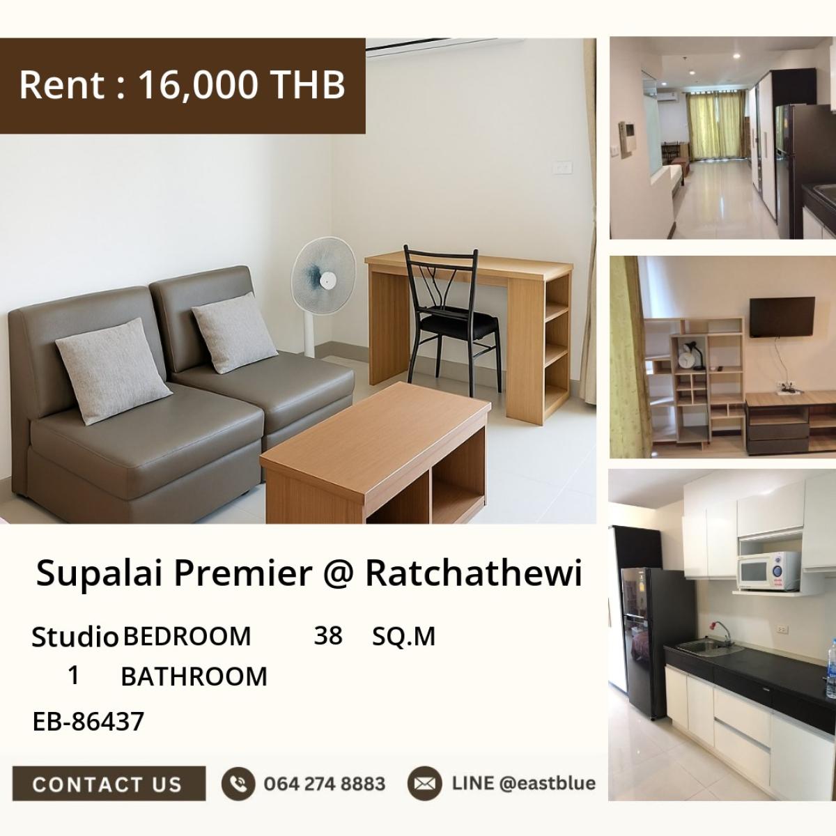 For RentCondoRatchathewi,Phayathai : 30/03/2026, Rent Supalai Premier Ratchathewi 38 sqm studio near BTS Indoor StadiumPrice only 16,000 THB/month with complete facilities! 0642748883