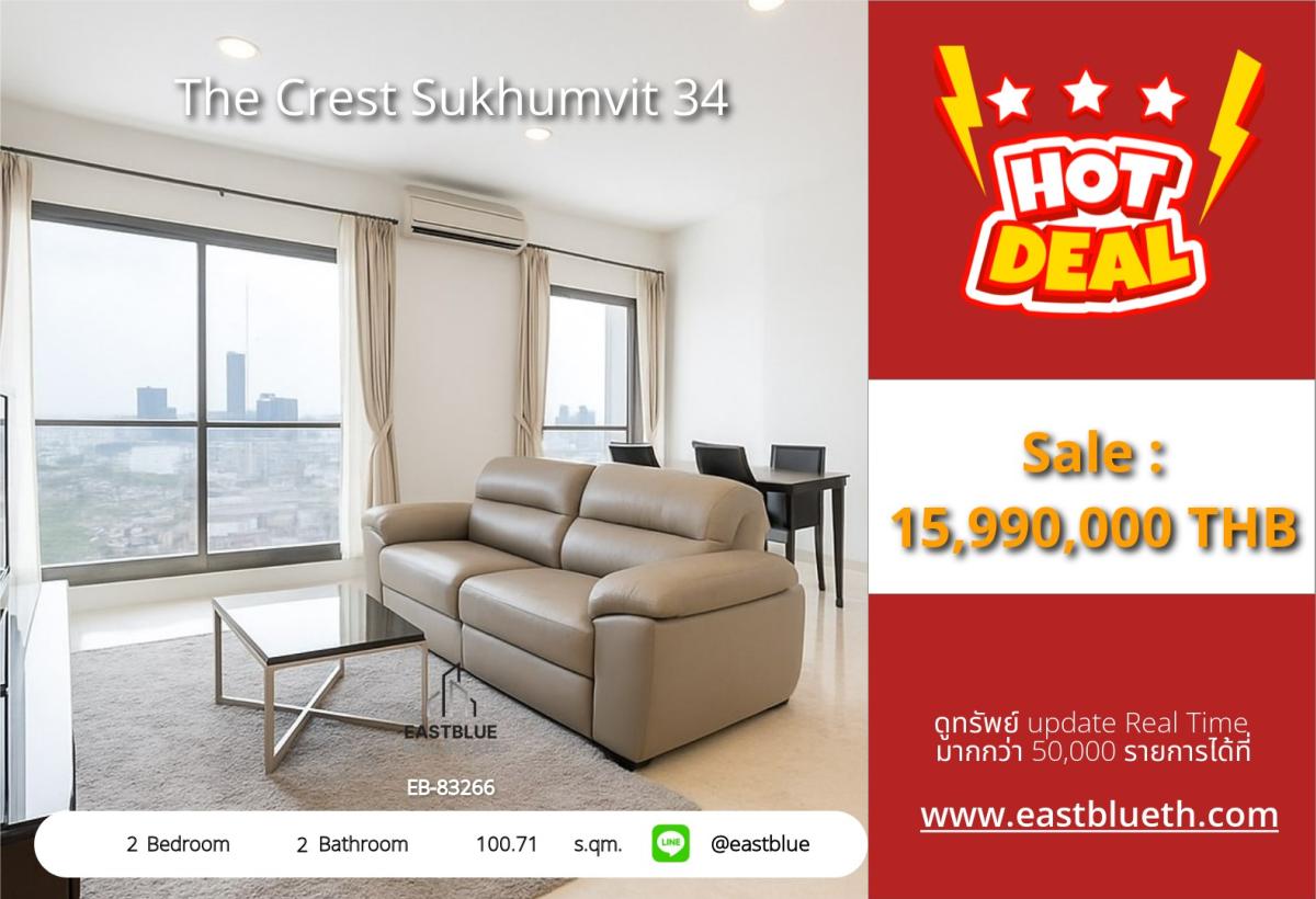 For SaleCondoSukhumvit, Asoke, Thonglor : 28/02/2026, The Crest Sukhumvit 34: Luxury condo with 2 bedrooms near Thonglor BTS
Elevated living in a prime location for only 15.99 million!