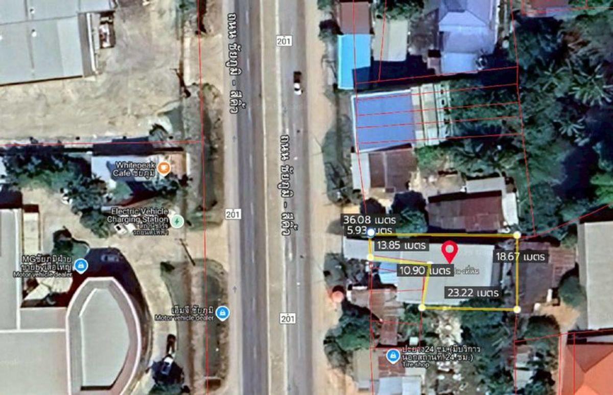 For RentLandChaiyaphum : Land for rent on the Chaiyaphum-Sikhio Road, opposite the MG car center with a house for an area of ​​107.8 square wah, Nong Na Saeng Subdistrict, Mueang Chaiyaphum District, Chaiyaphum Province.