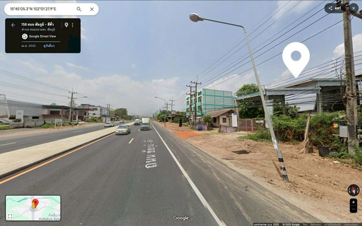 For RentLandChaiyaphum : Land for rent on the Chaiyaphum-Sikhio Road, opposite the MG car center with a house for an area of ​​107.8 square wah, Nong Na Saeng Subdistrict, Mueang Chaiyaphum District, Chaiyaphum Province.