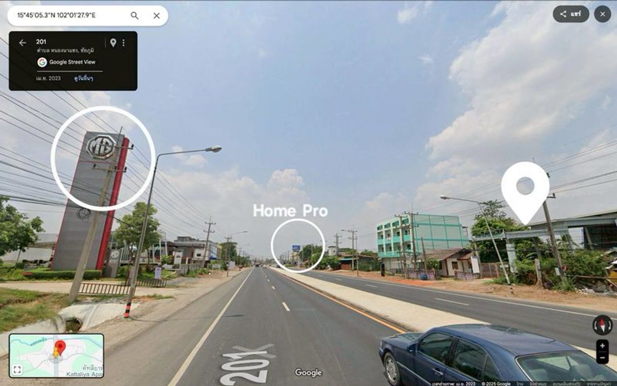 For RentLandChaiyaphum : Land for rent on the Chaiyaphum-Sikhio Road, opposite the MG car center with a house for an area of ​​107.8 square wah, Nong Na Saeng Subdistrict, Mueang Chaiyaphum District, Chaiyaphum Province.