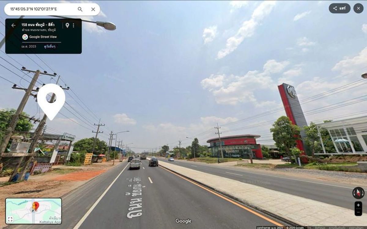 For RentLandChaiyaphum : Land for rent on the Chaiyaphum-Sikhio Road, opposite the MG car center with a house for an area of ​​107.8 square wah, Nong Na Saeng Subdistrict, Mueang Chaiyaphum District, Chaiyaphum Province.