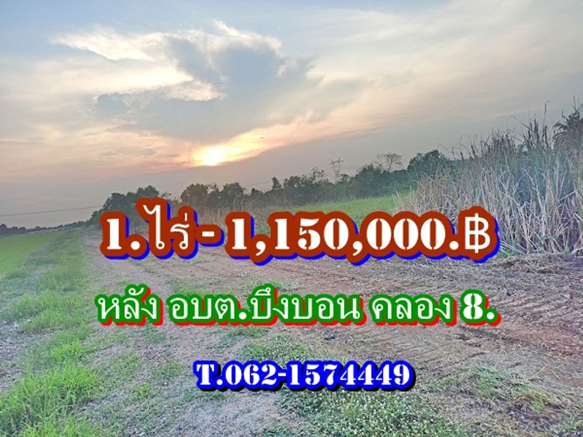 ขายที่ดินปทุมธานี รังสิต ธรรมศาสตร์ : 1.แปลงสุดท้ายที่ดินขายถูกหลัง อบต.บึงบอน  คลอง 8.- T.062-1574449