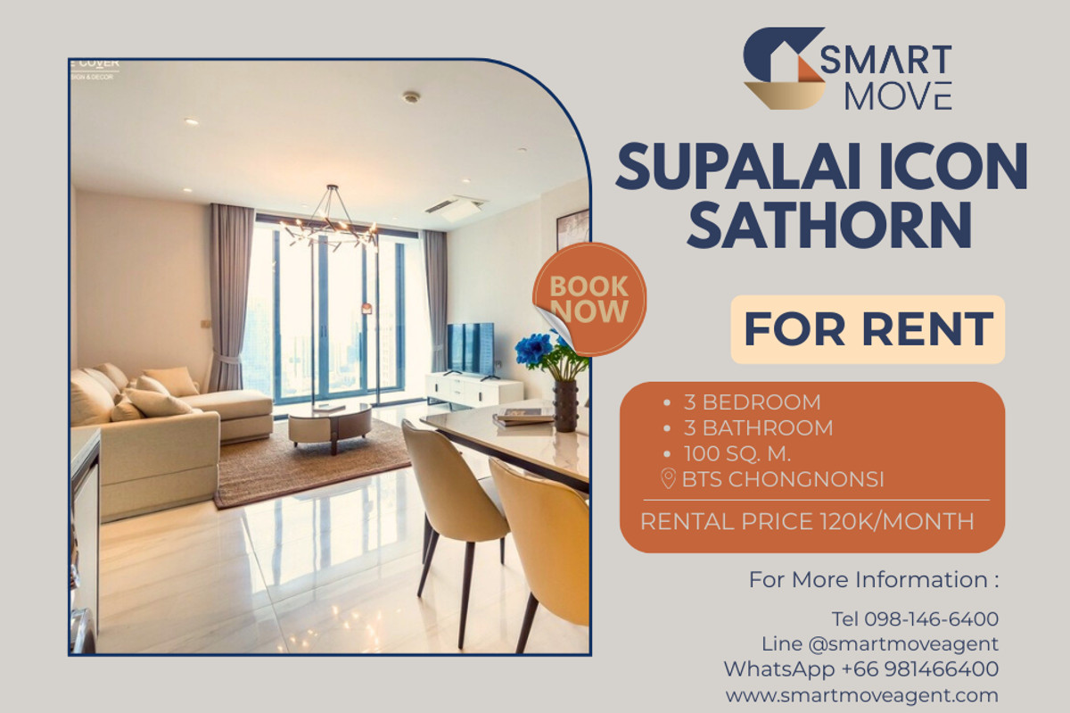 ให้เช่าคอนโดสาทร นราธิวาส : 🔥 สำหรับเช่า!! 🔥 Code C20240400331..........Supalai Icon Sathorn, 3 ห้องนอน, 3 ห้องน้ำ, ห้องทิศตะวันออก, สไตล์โมเดิร์น, แต่งครบ, พร้อมเข้าอยู่ 📣📣