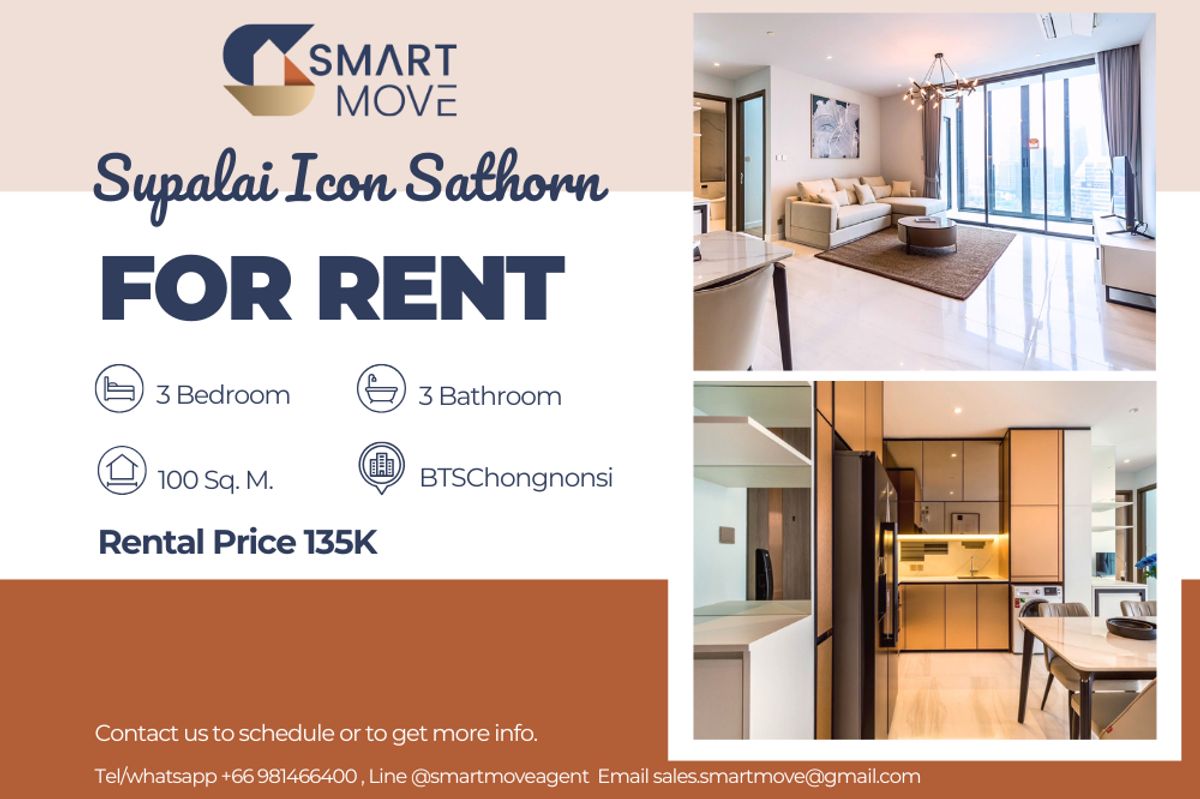 For RentCondoSathorn, Narathiwat : 🔥 For Rent !! 🔥 Code C20240400331..........Supalai Icon Sathorn, 3 bedroom, 3 bathroom, East Facing, modern style, furnished, ready to move in  📣📣