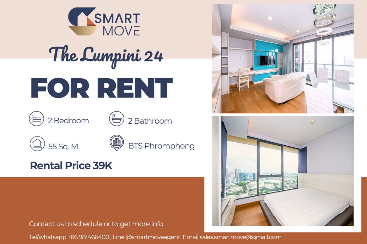 For RentCondoSukhumvit, Asoke, Thonglor : 🔥 For Rent !!🔥 Code C20230209361..........The Lumpini 24, 2 bedroom, 2 bathroom, high floor 28++, East Facing, furnished, ready to move in 📣📣
