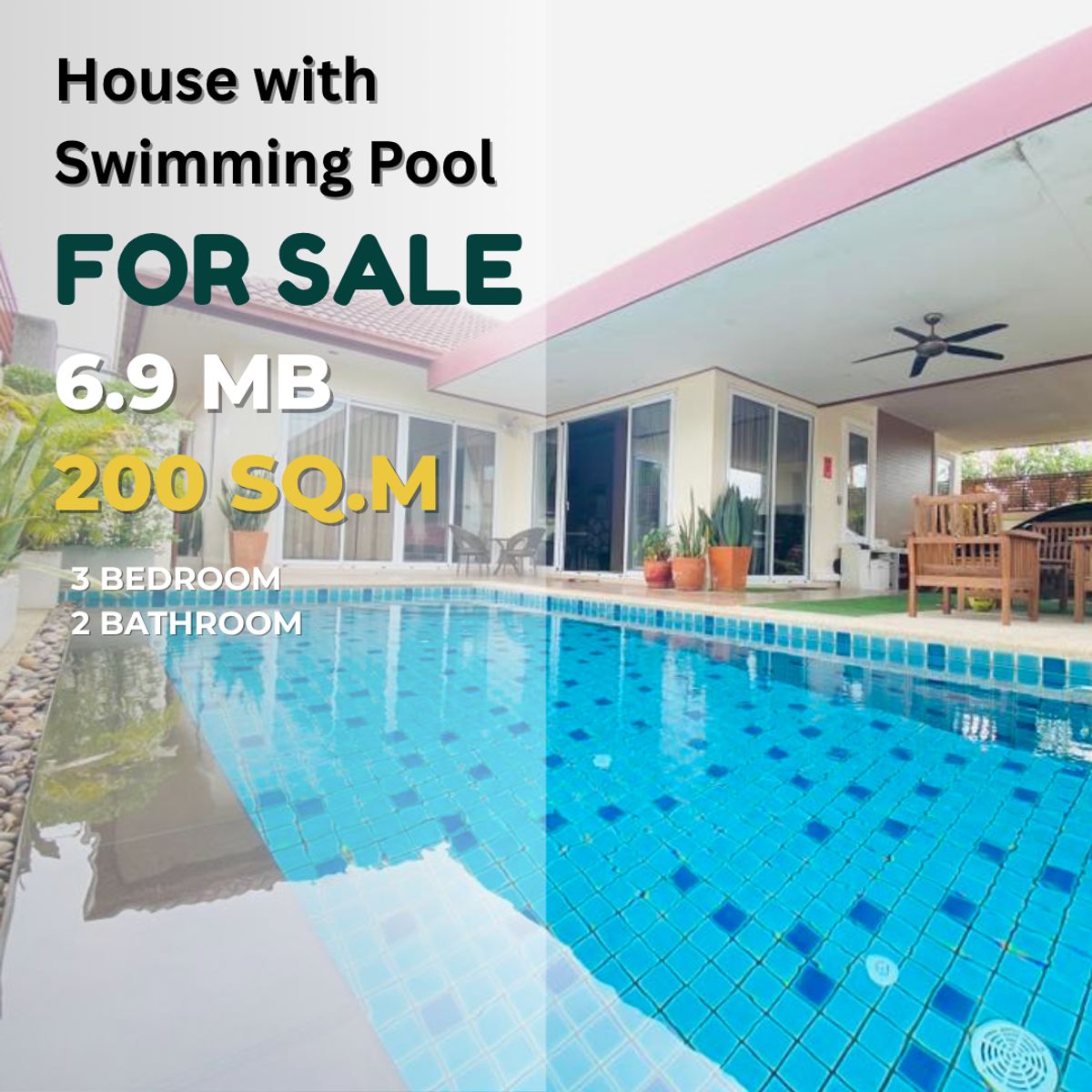 ขายบ้านพัทยา บางแสน ชลบุรี สัตหีบ : 🏡 Single House with Swimming Pool | 3 Beds, 2 Baths | 200 SQ.M | Only 6.9 MB
