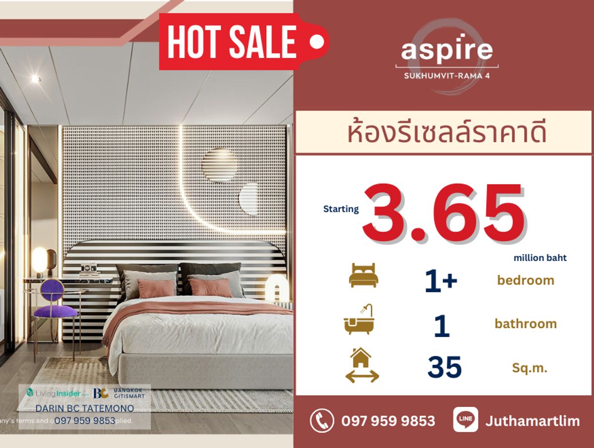 ขายคอนโดคลองเตย กล้วยน้ำไท : 🔥ราคาดีมาก + ห้องโครงการหมดแล้ว 🔥 Aspire Sukhumvit Rama 4 | 1 ห้องนอน 1 ห้องน้ำ 35 ตร.ม. ชั้น 14 ราคา 3,650,000 บาท ติดต่อ 0979599853