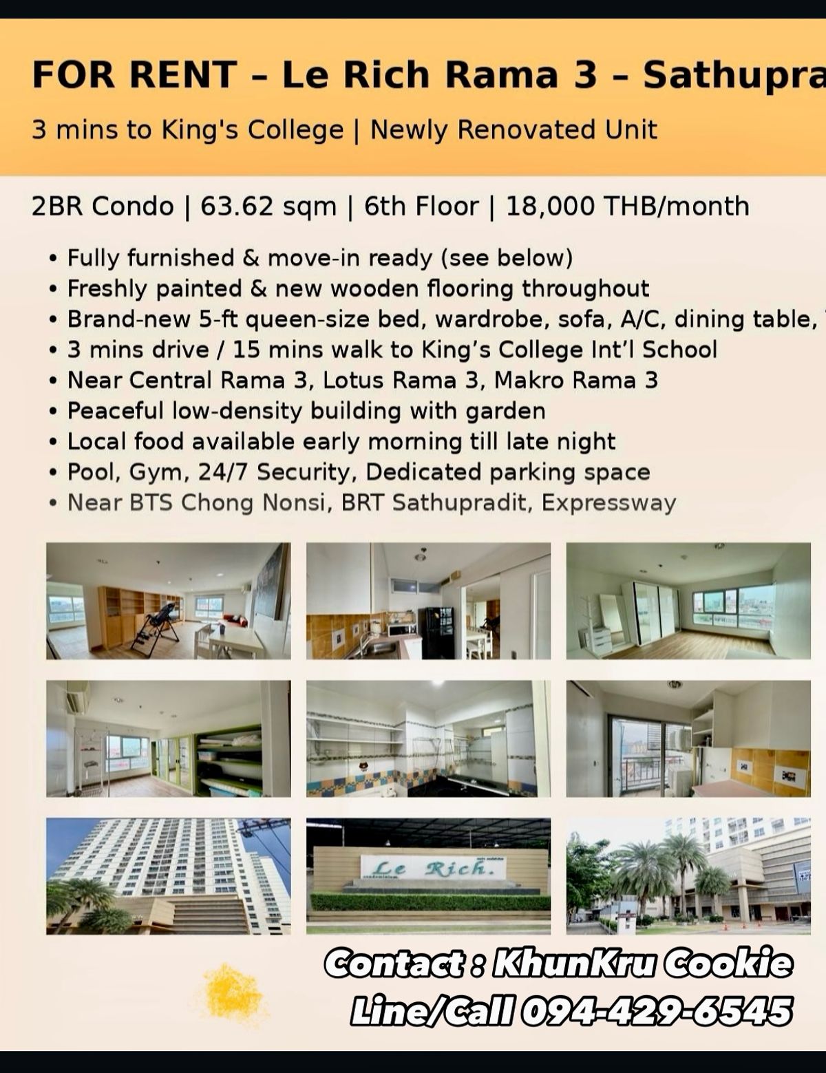 ให้เช่าคอนโดพระราม 3 สาธุประดิษฐ์ : (newly renovate) 2ห้องนอน 63.62ตรม. ใกล้รร.นานาชาติคิงส์คอลเลจ พระราม3 สาธุฯ 