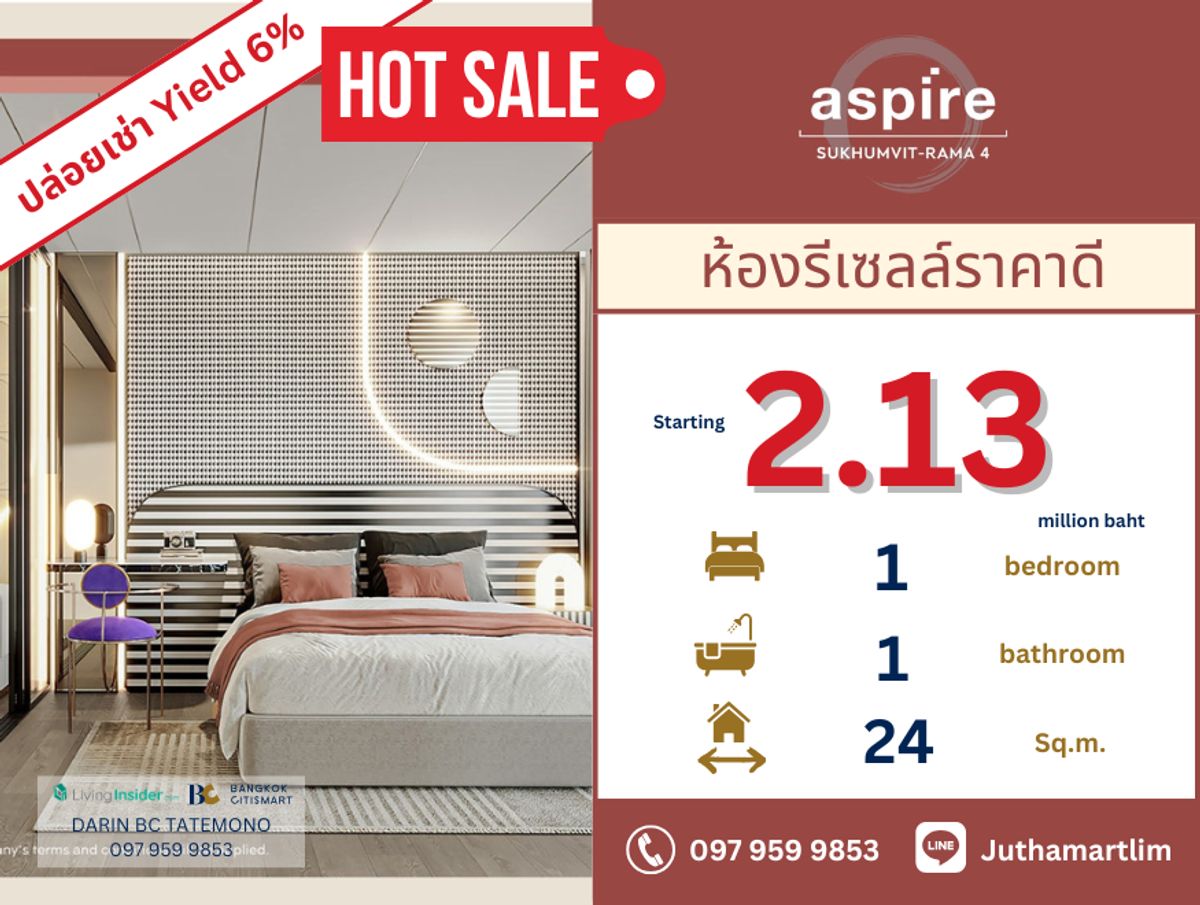 ขายคอนโดคลองเตย กล้วยน้ำไท : 🔥ราคาดีมาก + ห้องโครงการหมดแล้ว 🔥 Aspire Sukhumvit Rama 4 | 1 ห้องนอน 1 ห้องน้ำ 24 ตร.ม. ชั้น 11 ราคา 2,130,000 บาท ติดต่อ 0979599853